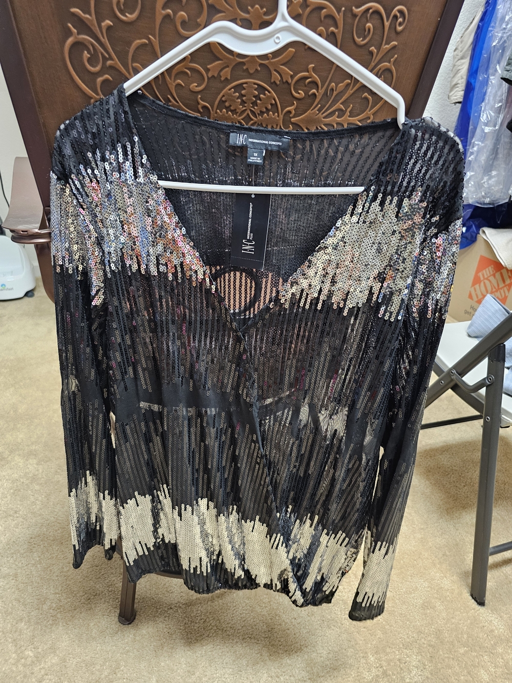 INC International Concepts Black Sequin V-Neck Women’s Top
